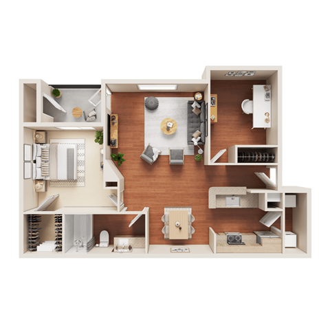 Floor plan for 1 bed, 1 bath, 897 sqft